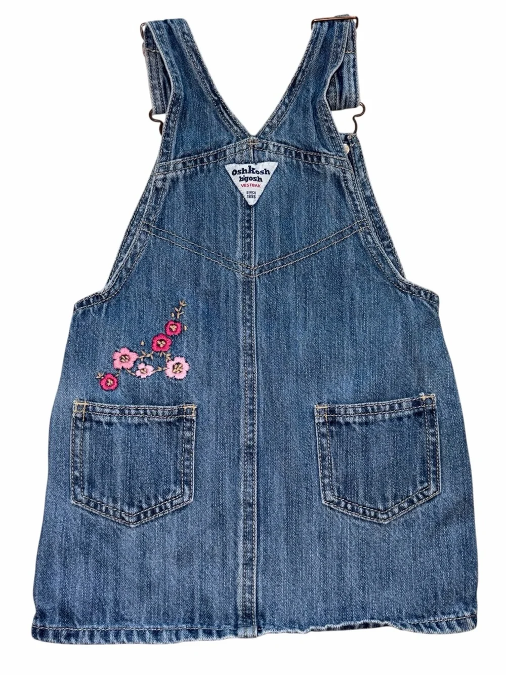 Vintage Y2K OshKosh B’gosh Vestbak Floral Denim Overall Dress 4T Embroidered